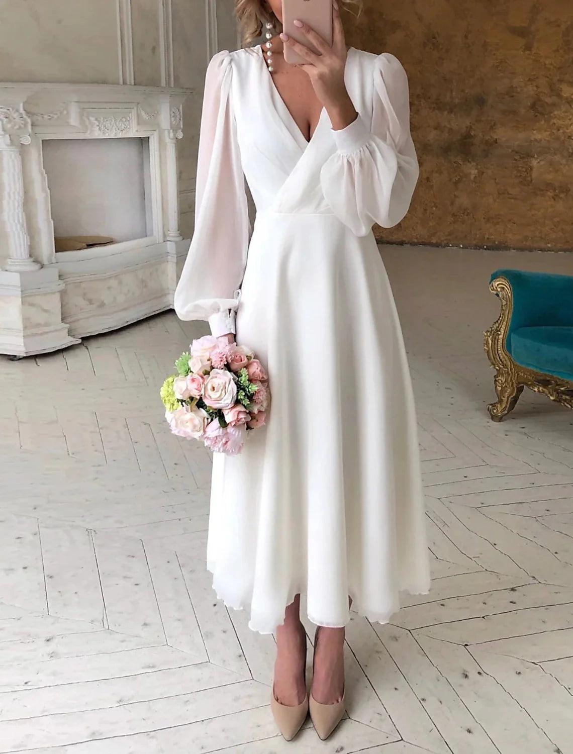 NumberSea-Reception Little White Dresses Wedding Dresses A-Line V Neck Long Sleeve Ankle Length Chiffon Bridal Gowns With Solid Color NumberSea-Reception Little White Dresses Wedding Dresses A-Line V Neck Long Sleeve Ankle Length Chiffon Bridal Gowns With Solid Color