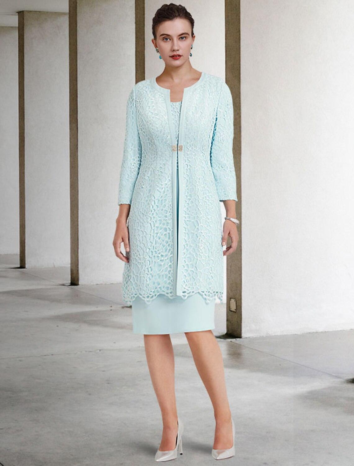 NumberSea-Two Piece Sheath / Column Mother of the Bride Dress Church Elegant Winter With Jacket Half Sleeve Scoop Neck Knee Length Lace Stretch NumberSea-Two Piece Sheath / Column Mother of the Bride Dress Church Elegant Winter With Jacket Half Sleeve Scoop Neck Knee Length Lace Stretch