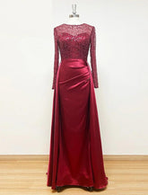 Meerjungfrau/Trompete Abendkleid Sparkle & Shine Kleid Karneval Maskerade Bodenlang Langarm Illusion Hals Herbst Hochzeit Empfang Satin mit Perlen Überrock