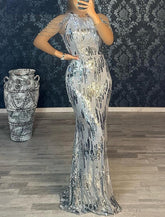 Schwarzes Abendkleid im Meerjungfrauen-Stil, 1920er-Jahre-Kleid, Maskerade, schwarze Krawatte, bodenlang, kurzärmlig, mit Rundhalsausschnitt, schwarzes Kleid mit Pailletten und Fransenquaste