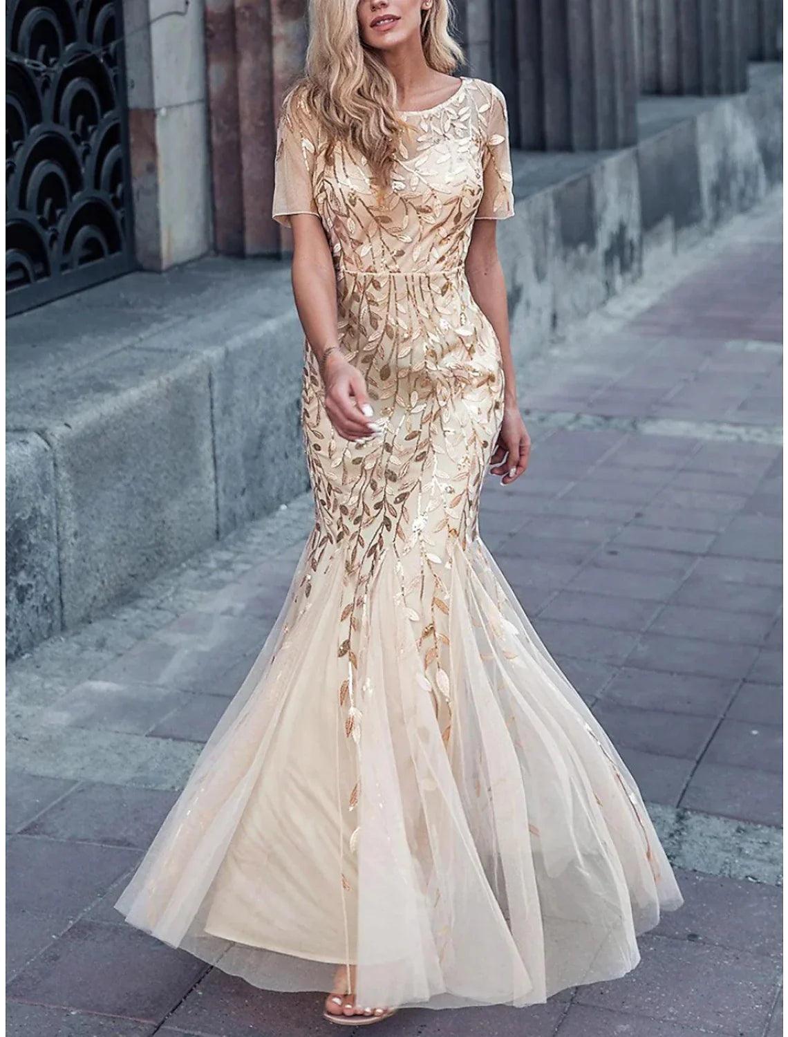 NumberSea-Mermaid / Trumpet Mother of the Bride Dress Wedding Guest Sparkle & Shine Elegant Jewel Neck Floor Length Sequined Short Sleeve with Pleats