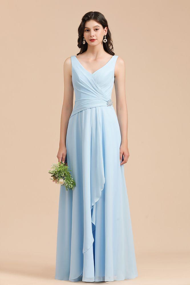 NumberSea-V-Neck Chiffon Aline Bridesmaid Dress Sleeveless Floor Length Simple Wedding Dress