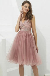 V-neck Tulle with Beaded Short Prom Dresses Homecoming Dresses
