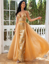 Meerjungfrau/Trompete Abendkleid Luxuriöses Kleid Hochzeitsfeier Black Tie Gala Bodenlang Ärmellos V-Ausschnitt Abnehmbarer Tüll mit Pailletten