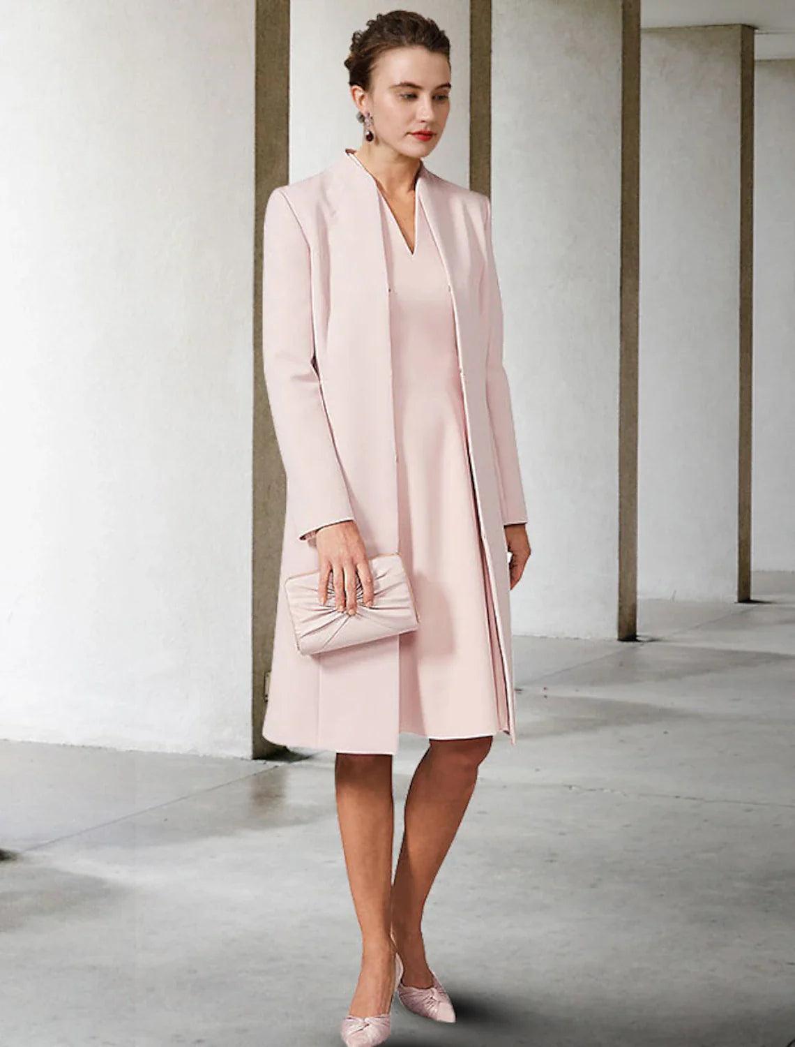 NumberSea-Two Piece A-Line Mother of the Bride Dress Wedding Guest Church Elegant V Neck Knee Length Chiffon Short Sleeve Jacket Dresses with Solid Color Fall