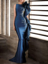 Abendkleid im Meerjungfrauen-/Trompeten-Stil, wunderschönes Rückenkleid, Verlobung, formeller Abend, Schleppe, ärmellos, Rundhalsausschnitt, Herbst, Hochzeitsgast, Stretch-Satin mit Applikationen