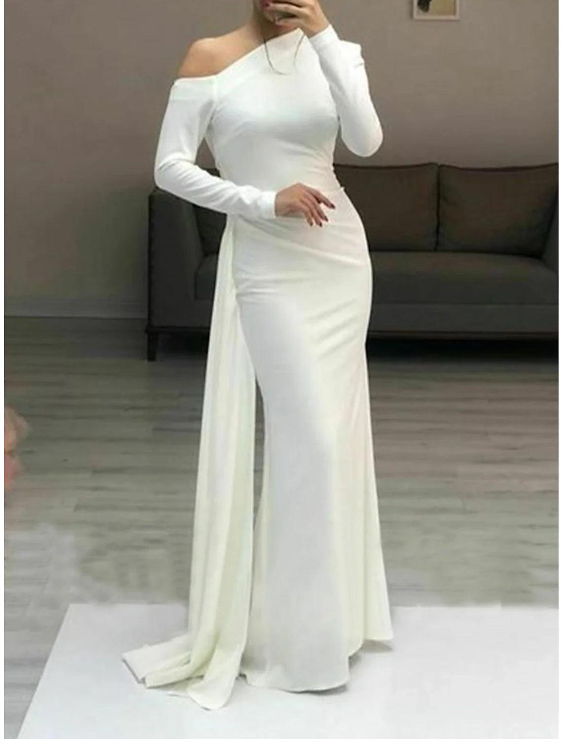 green emerald velvet dress Minimalist Off-Shoulder Satin Wedding Dress – Elegant A-Line Silhouett –  SilqueBridal main image 1