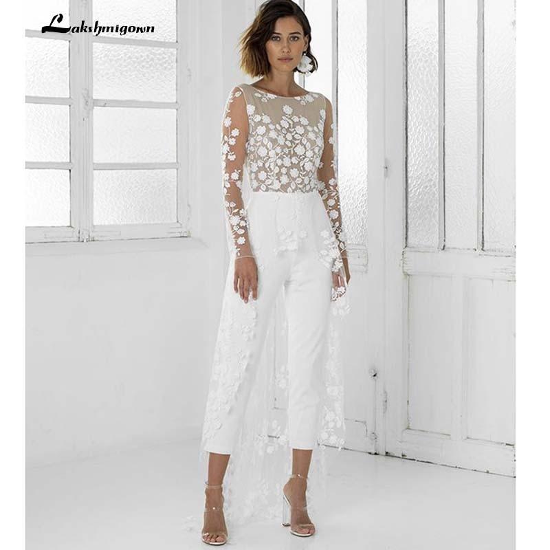 NumberSea-NumberSea White Jumpsuit Beach Wedding Dresses Long Sleeve Ivory / 14 NumberSea-NumberSea White Jumpsuit Beach Wedding Dresses Long Sleeve Ivory / 14