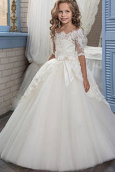 Numbersea White Off The Shoulder 1/2 Sleeves Ball Gown Flower Girls Dress