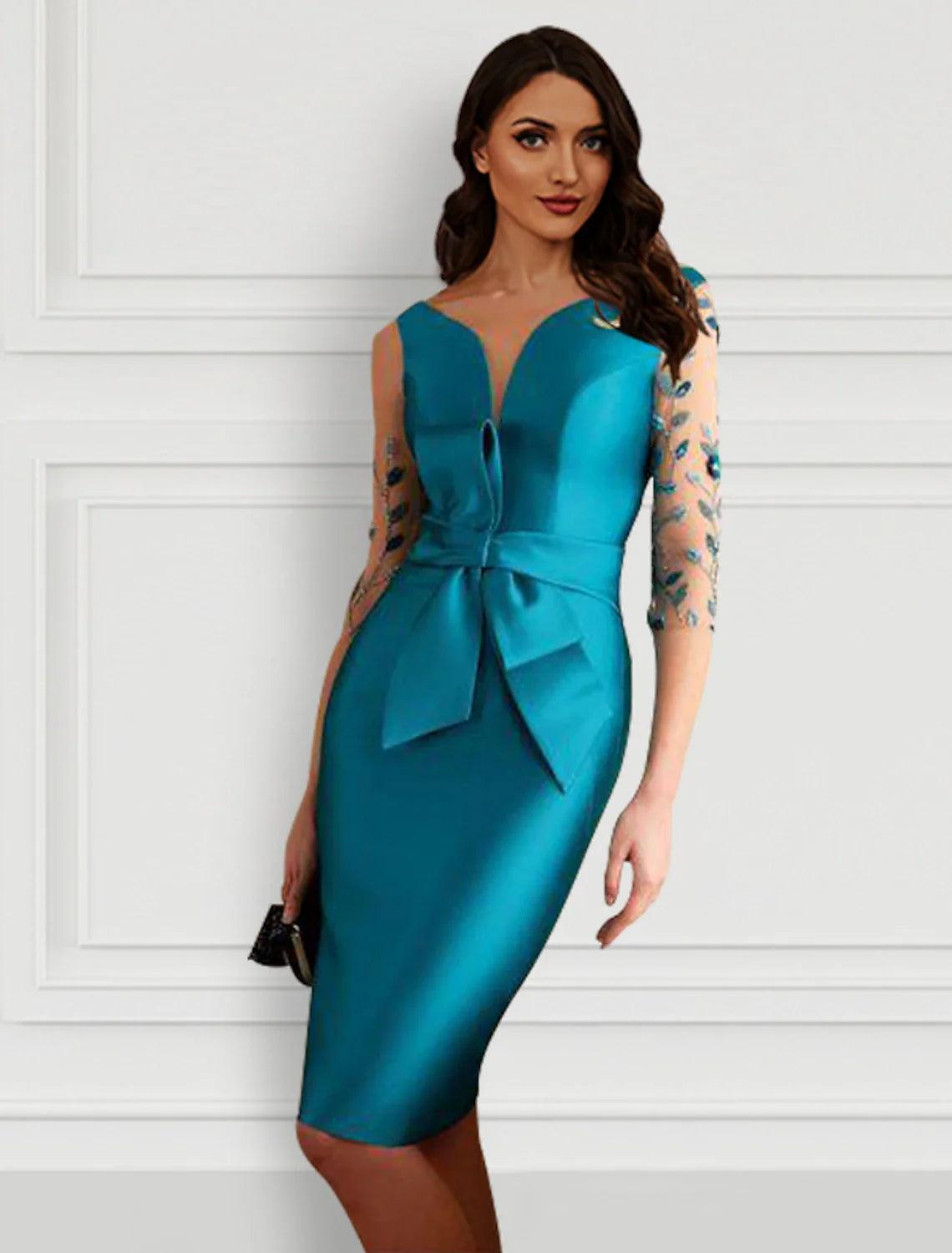 knee length semi formal cocktail dress NumberSea-Sheath / Column Dresses Open Back Half Sleeve Jewel Neck Satin with Bow(s) Slit Appliques Color:Orange-Red Prune Â cannot send return Azazie A-Line/Princess V-Neck Floor-Length