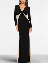 Schwarzes Meerjungfrauenkleid, Abendkleid in Übergröße, elegantes Kleid für formelle Cocktailpartys, bodenlang, lange Ärmel, V-Ausschnitt, Stretchstoff mit Strass