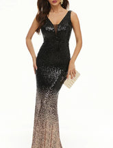 Meerjungfrau/Trompete Abendkleid Sparkle & Shine Kleid Hochzeitsgast Ballkleid Bodenlang Ärmellos V-Ausschnitt Polyester mit Pailletten Schlitz