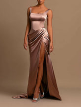 Meerjungfrau/Trompete Abendkleid Hoher Schlitz Kleid Cocktail Party Kleid Bodenlang Ärmellos Rundhals Brautjungfernkleid Satin mit Rüschen