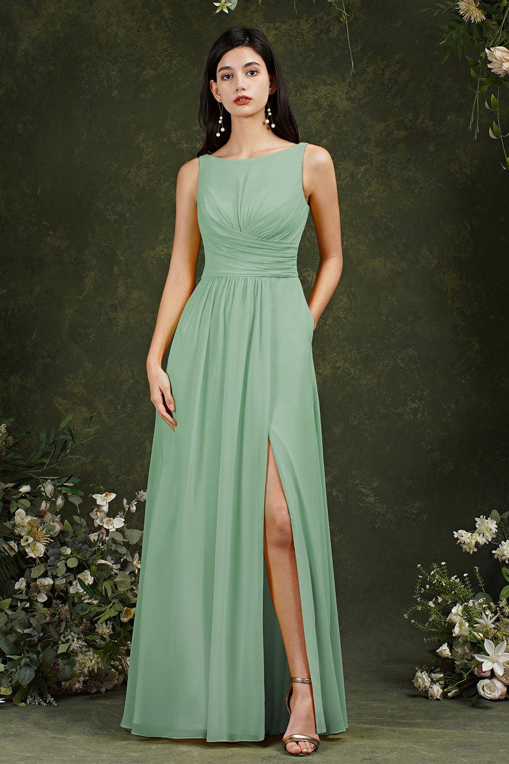 NumberSea-Yellow Bateau A-Line Chiffon Ruffles Split Floor-length Bridesmaid Dress With Pockets