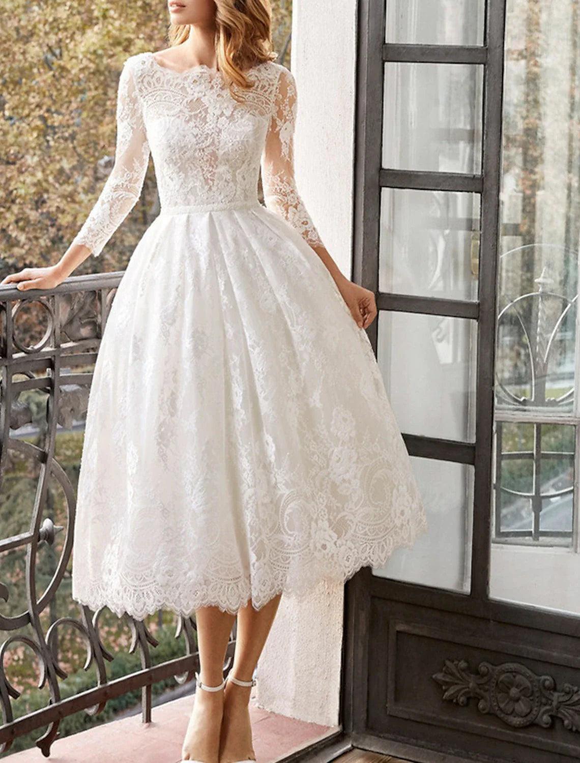 NumberSea-Vintage 1940s / 1950s Wedding Dresses A-Line Scoop Neck Long Sleeve Tea Length Lace Bridal Gowns With Appliques Ivory / US 20W / UK 24 / EU