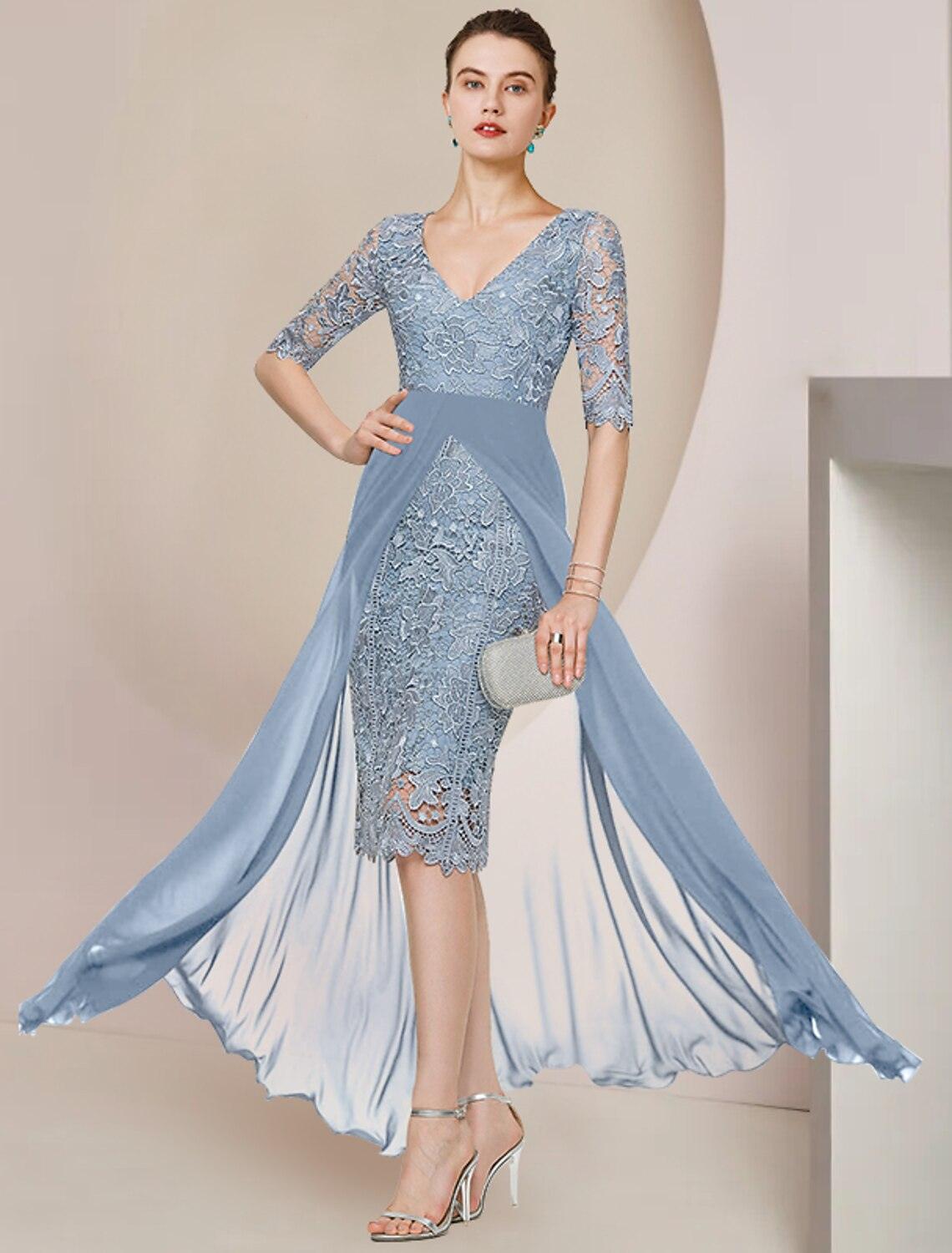 NumberSea-Sheath / Column Mother of the Bride Dress Formal Wedding Guest Elegant V Neck Knee Length Chiffon Lace Half Sleeve with Appliques
