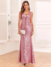 Meerjungfrau/Trompete Abendkleid Elegantes Kleid Abend Party Abschlussball Bodenlang Ärmellos V-Ausschnitt Brautjungfernkleid Pailletten Rückenfrei mit Pailletten