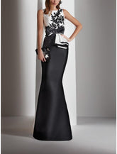 Meerjungfrau/Trompete Kleid für die Brautmutter, Hochzeitsgast, Party, Vintage, elegant, Rundhalsausschnitt, bodenlang, Satin, ärmellos, mit Schleife(n), Applikationen