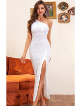 Meerjungfrau/Trompete Partykleider Vintage Kleid Hochzeit Party Semi Formal Knöchellang Ärmellos Ein Schulter Pailletten mit Pailletten Schlitz