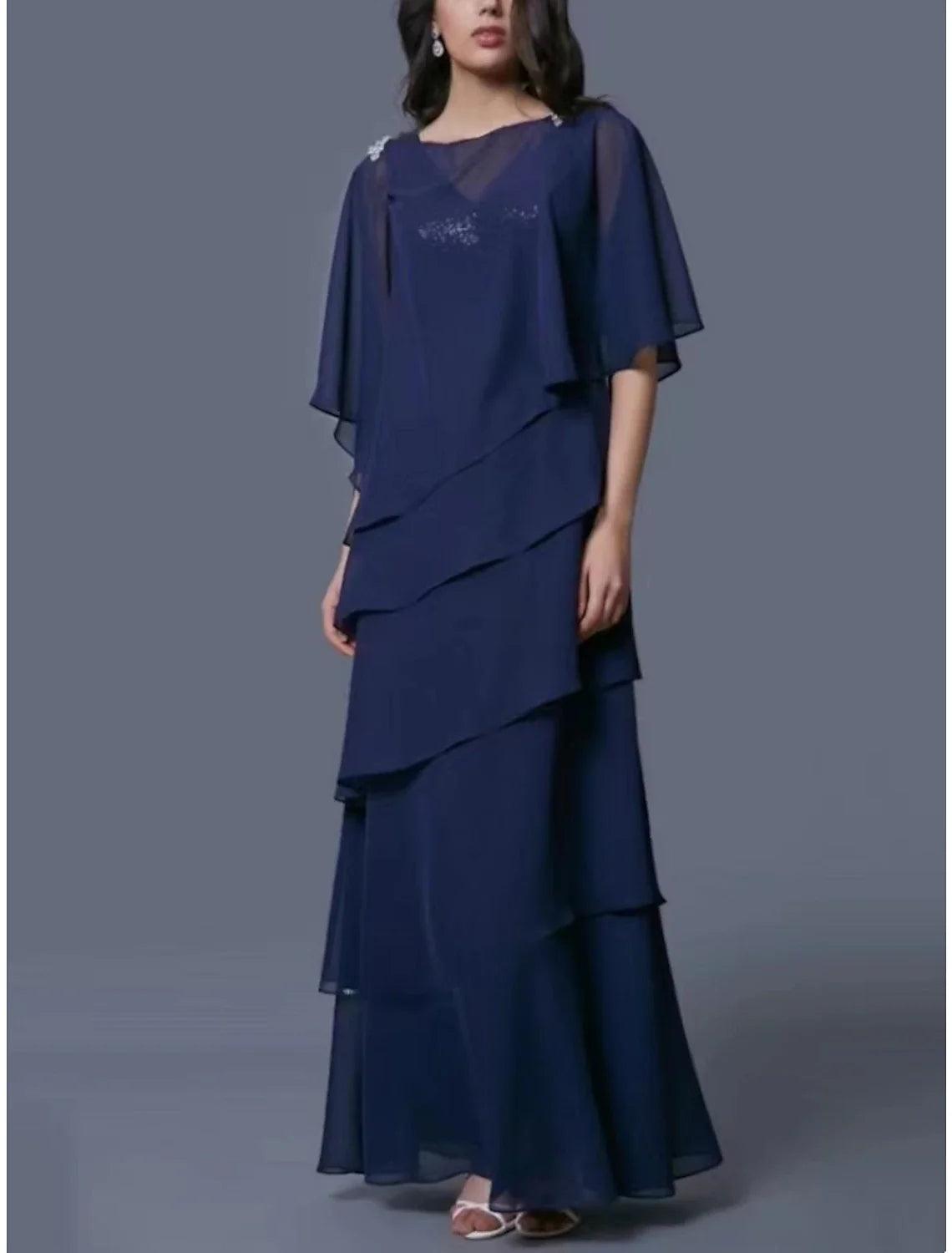 NumberSea-Sheath / Column Mother of the Bride Dress Wedding Guest Elegant Scoop Neck Ankle Length Chiffon Half Sleeve with Sequin Tier