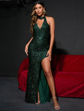 Vestidos de fiesta de sirena/trompeta, brillantes y con brillo, para regreso a casa, fiesta de bodas, largo hasta el suelo, sin mangas, cuello halter, con lentejuelas y abertura con lentejuelas