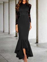 Meerjungfrau/Trompete Ballkleider Elegantes Kleid Formeller Hochzeitsgast Asymmetrisch Langarm V-Ausschnitt Stretchstoff mit gerafften Rüschen