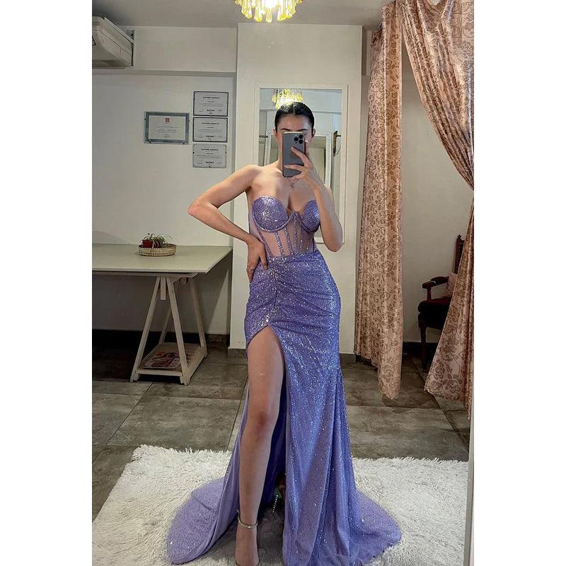 Vestido de fiesta largo con escote corazón, sin tirantes, transparente, con lentejuelas y abertura
