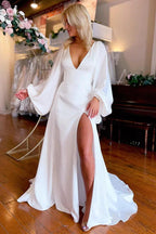 Brautkleid Weiß Satin Schlicht A-Linie Lang mit Schlitz