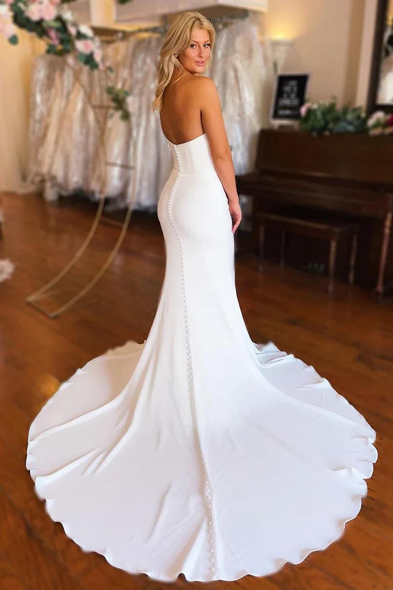 Vestido de novia sencillo blanco sirena satén largo sin mangas