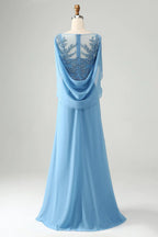 Vestido de madre de la novia de corte sirena con mangas casquillo y apliques de cuentas