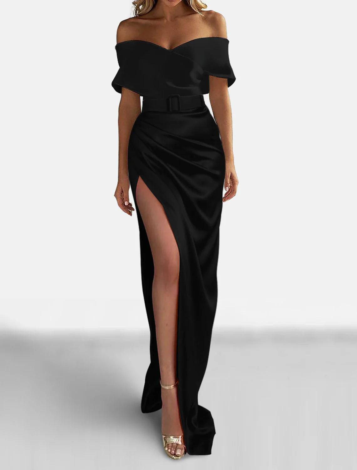 Vestido elegante formal de noche con cola larga y mangas cortas, hombros descubiertos, satén y abertura fruncida
