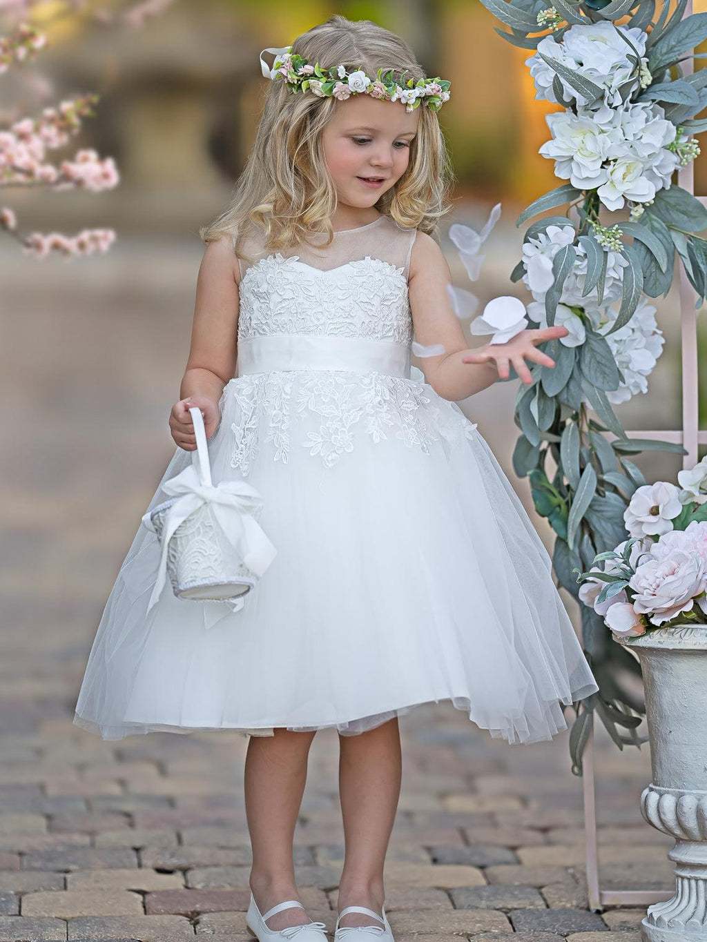 Vestido de niña de las flores de primera comunión de tul con encaje hasta la rodilla 