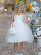 Vestido de niña de las flores de primera comunión de tul con encaje hasta la rodilla 