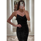 Vestido de noche largo de satén con lentejuelas fruncidas y escote en V sin tirantes para graduación