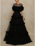 Elegantes formelles Kleid, bodenlang, kurze Ärmel, Rundhalsausschnitt, Tüll mit Falten, Rüschen, Ballkleider