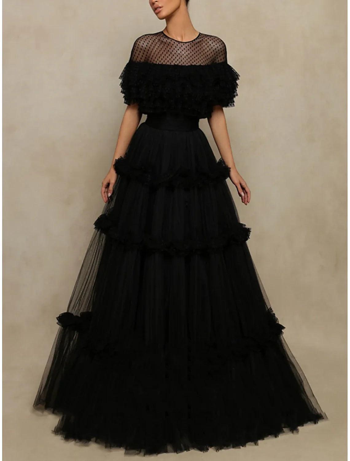 Vestido elegante formal largo hasta el suelo, manga corta, cuello joya, tul con pliegues y volantes, vestidos de fiesta
