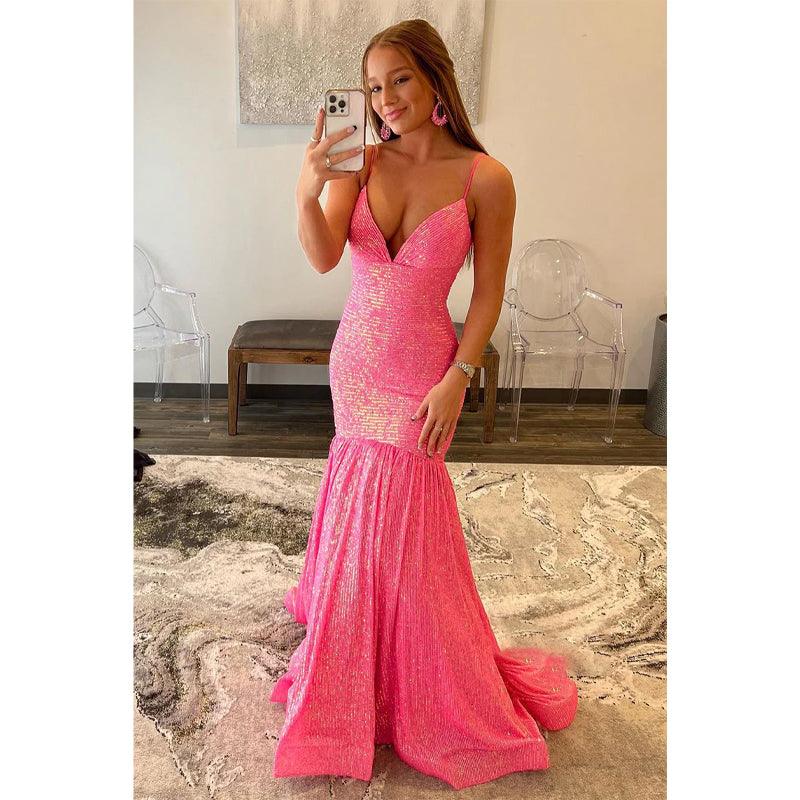 Vestido de fiesta de sirena con escote en V pronunciado y lentejuelas brillantes