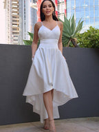 Vestidos de novia Corte A/Princesa Satén Fruncido Cuello en V Sin mangas Asimétrico