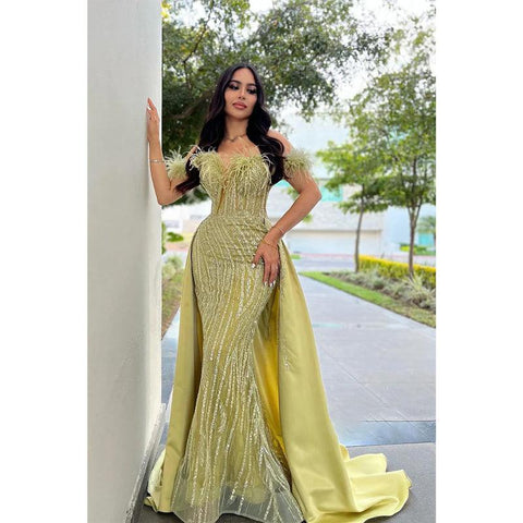 Sheath Off-shoulder Sequins Feather Long Prom Dress with Train Evening Gowns