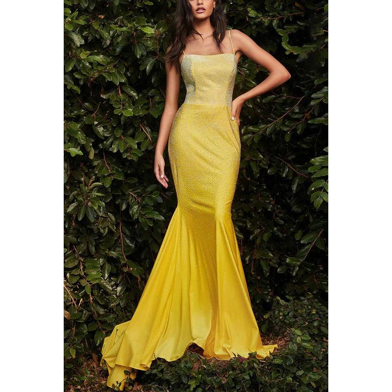 Vestido de noche largo de sirena con tirantes finos, sin mangas y satén con cuentas