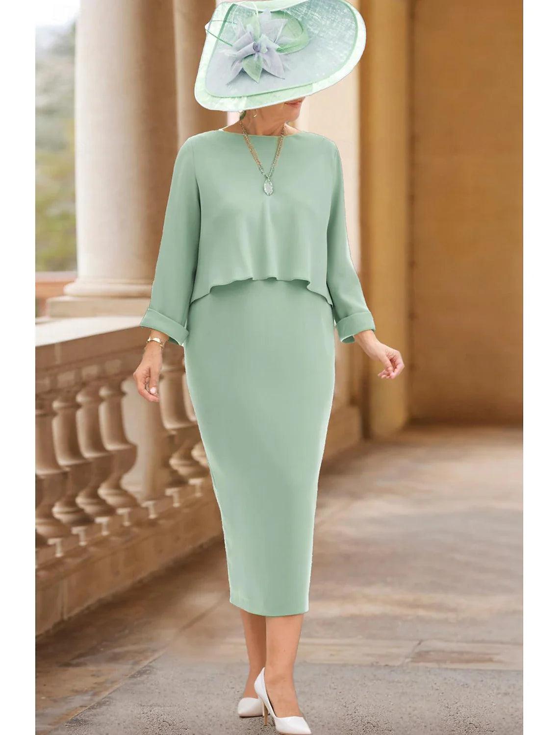Elegantes, knielanges Kleid mit Rundhalsausschnitt und 3/4-Ärmeln aus Stretchstoff mit Falten für die Mutter der Braut