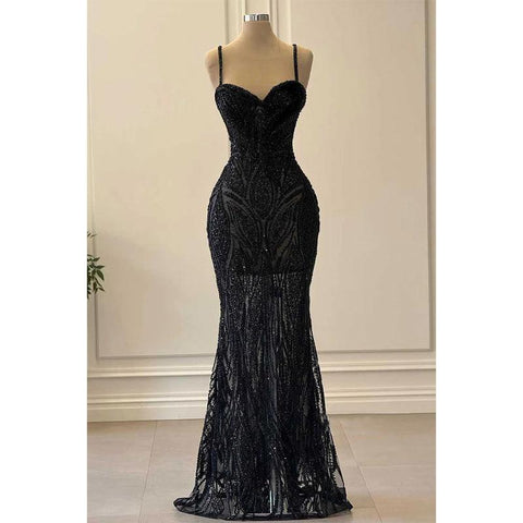 Sweetheart Spaghetti Straps Beaded Sheer Party Prom Evening Dress
