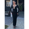 Elegante y lujoso vestido de noche de fiesta con escote en V, mangas largas y diamantes de imitación
