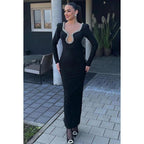 Elegante y lujoso vestido de noche de fiesta con escote en V, mangas largas y diamantes de imitación