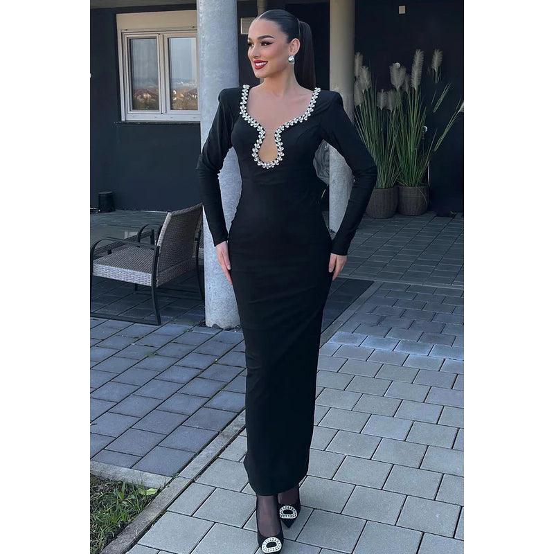 Elegante y lujoso vestido de noche de fiesta con escote en V, mangas largas y diamantes de imitación