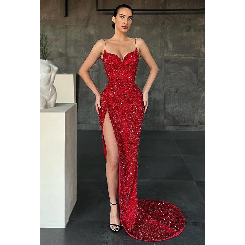 Vestido de fiesta largo con escote en V, tirantes finos, lentejuelas y abertura