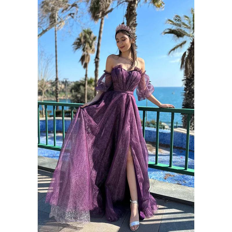 Glamouröses und dramatisches A-Linien-Kleid mit kurzen Ärmeln, schulterfrei, funkelndem Tüll, für formelle Partys und Abschlussbälle