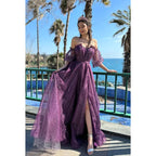 Glamouröses und dramatisches A-Linien-Kleid mit kurzen Ärmeln, schulterfrei, funkelndem Tüll, für formelle Partys und Abschlussbälle