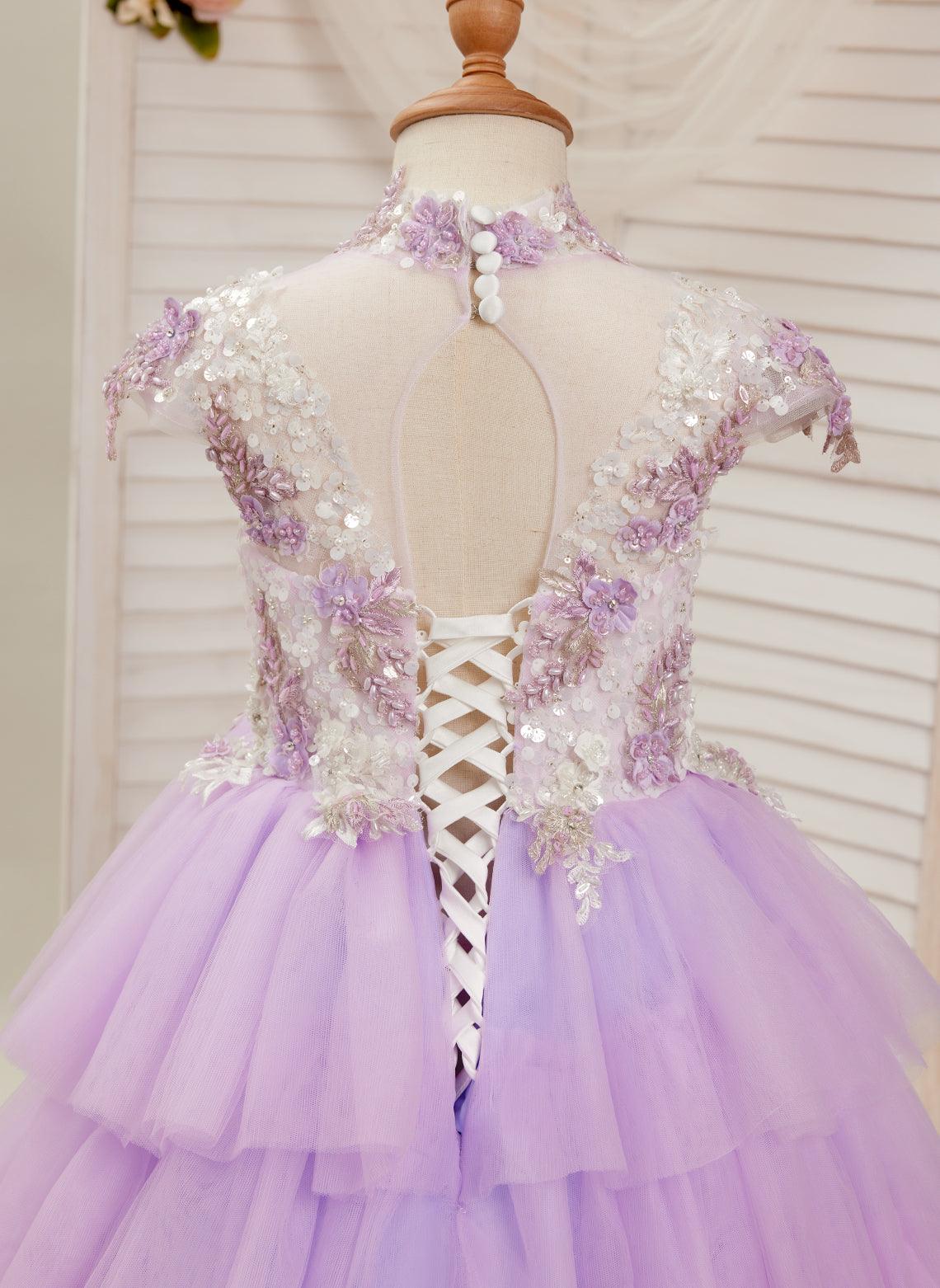 Lila Prinzessinnen-Ballkleid aus Tüll mit Blumenapplikationen und Perlen für Mädchen 