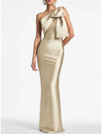 Mermaid Wedding Guest Dress Satin Dress Formal Fall Ankle Length Sleeveless One Shoulder with Bow(s) Slit Evening Dresses